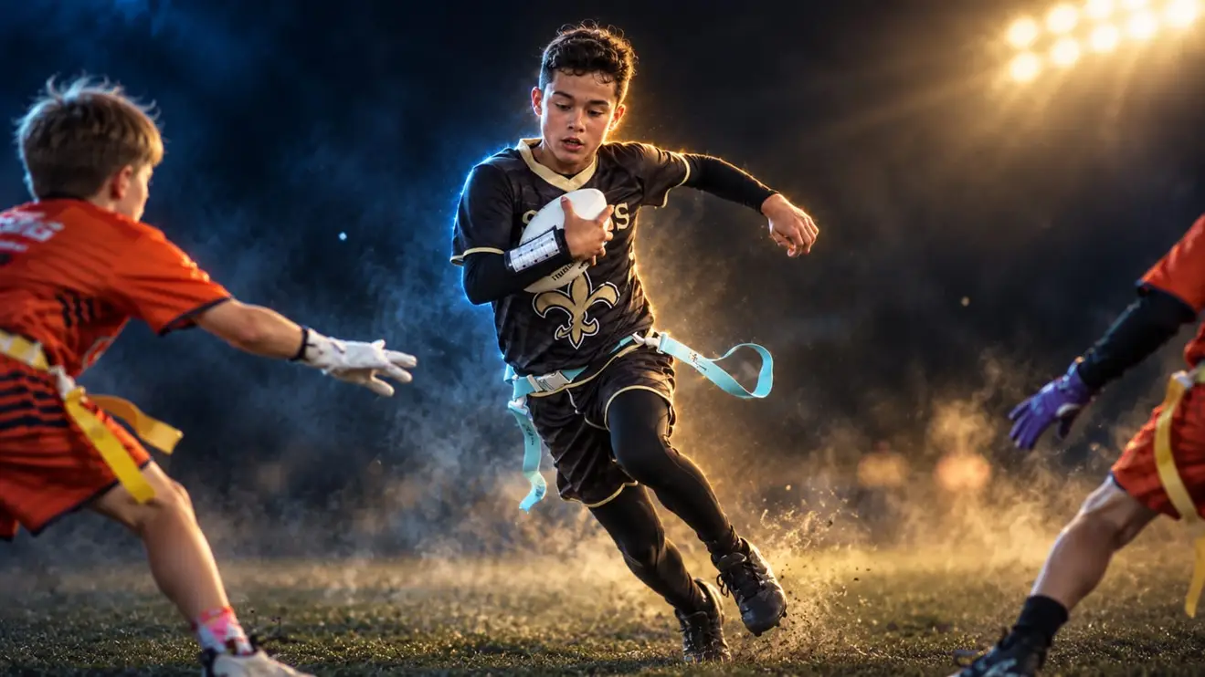 A flag football runner in a black jersey cuts past two defenders reaching for his flags under the stadium lights
