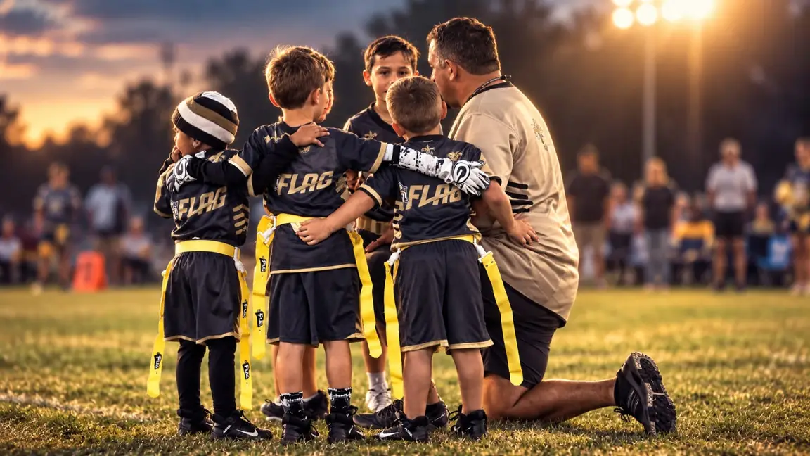 A coach kneels in a huddle with young players in black FLAG jerseys at sunset, families watching from the sideline