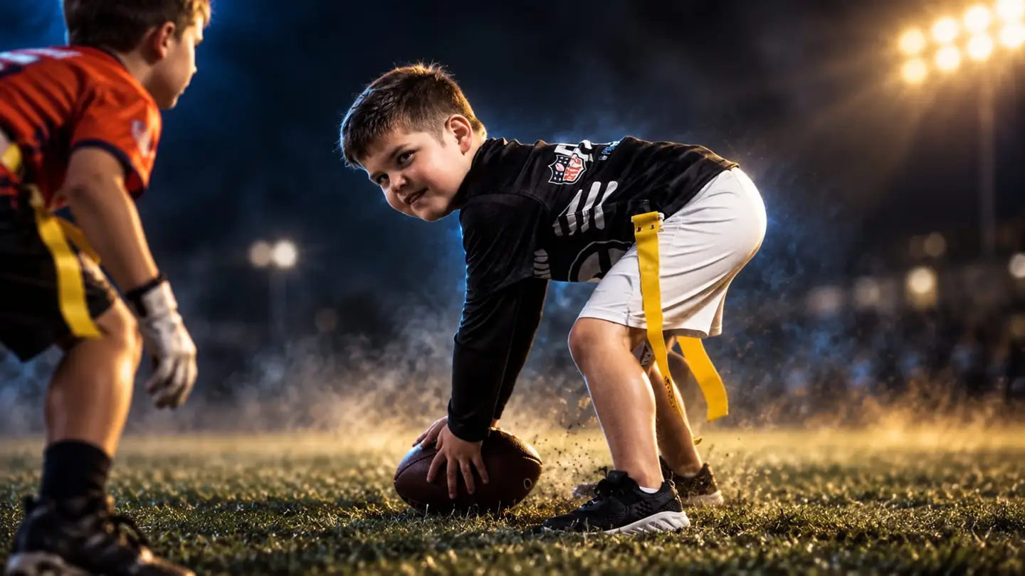 A young center crouches over the ball, ready to snap, as a defender waits across the line under the stadium lights