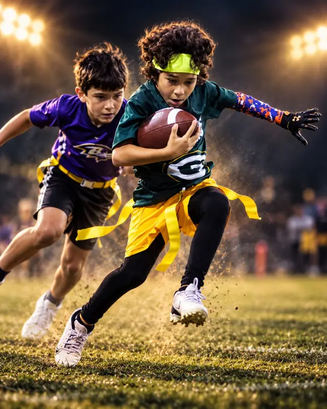 A ball carrier in a green jersey runs with the ball while a defender in purple chases his yellow flags