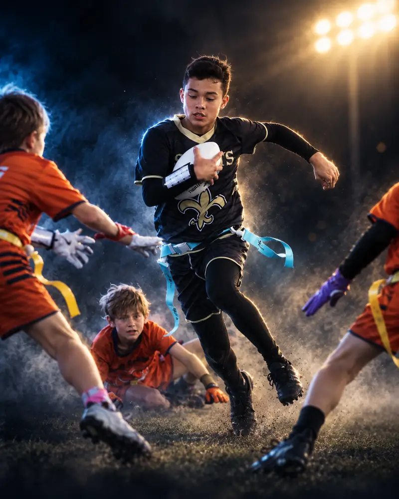 Two flag football players under the stadium lights: one leaps to defend while the other catches the ball